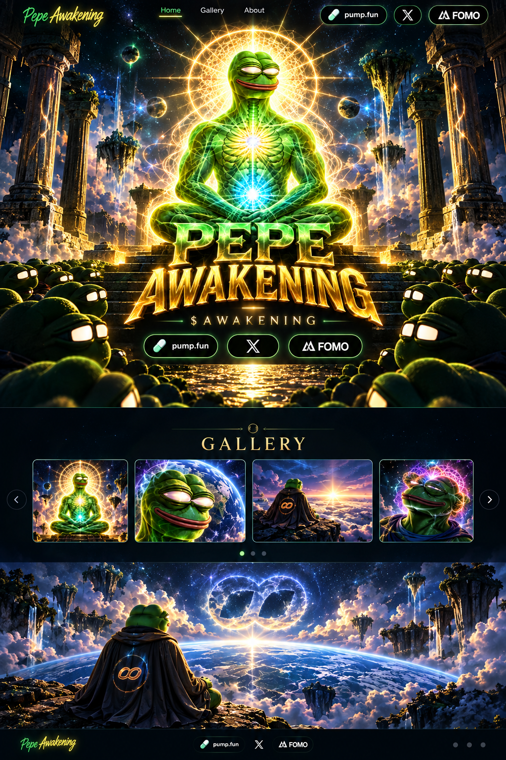 Pepe sits on a cliff above the Earth, beneath a glowing infinity symbol and floating islands.